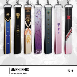 May include: Seven fabric wristlet keychains from the Amphoreus Lanyard Keychain Series, each featuring unique graphic patterns in colors including blue, black, gold, purple, pink, and white, all attached to silver-toned metal swivel lobster clasps.