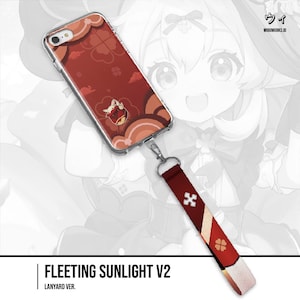 Puede incluir: Funda de teléfono transparente con un diseño rojo y naranja, con una ilustración de personaje y un cordón a juego. El cordón es burdeos con detalles blancos y dorados. Se muestra el texto "FLEETING SUNLIGHT V2".