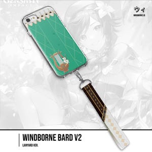 May include: A clear phone case with a green background and a gold harp design. The case has a matching lanyard with a brown and white pattern. The text "WINDBORNE BARD V2" and "LANYARD VER." are printed at the bottom.