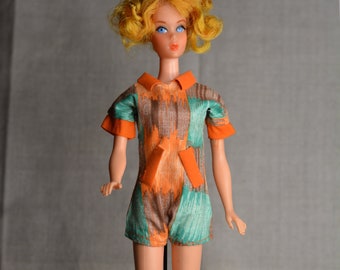 Vintage Barbie Clone Mod Hot Pants Playsuit, Orange Teal, 60s