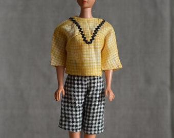 Vintage Barbie Handmade Yellow and Black Check Shorts Top, 60s