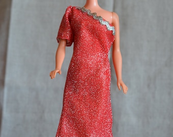 Vintage Barbie Clone Red Disco Glitter One Shoulder Dress, 70s