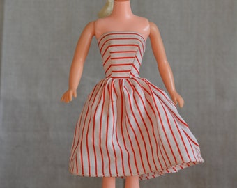 Vintage Barbie Clone Red Tan White Striped Dress, Hong Kong, 60s