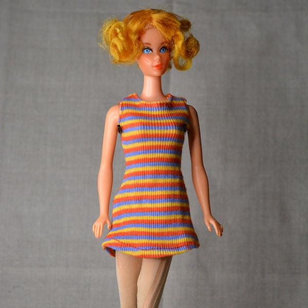 Vintage Barbie Mod Stripe Jersey Mini Dress, Tights tlc, One Boot, 60s