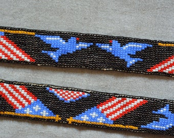 Vintage American Flag Bluebirds Beaded Beadwork Belt, Glass, 1900-1930s