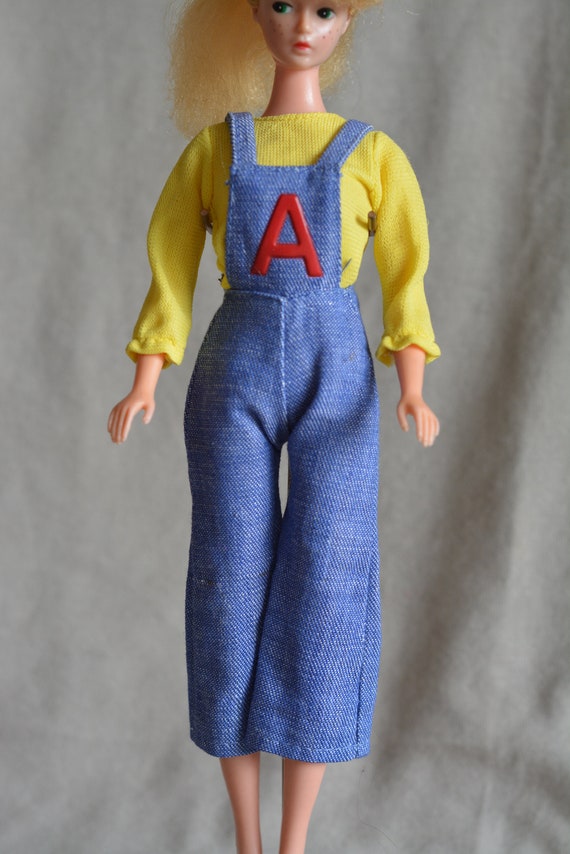 Vintage Barbie Clone Mod Denim Overalls W Letter and Yellow 