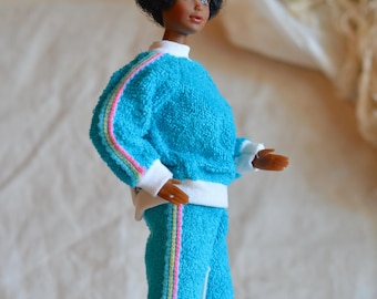 Vintage Barbie Clone Gorgeous Turquoise Terry Rainbow Jogging Suit, Hong Kng 70s