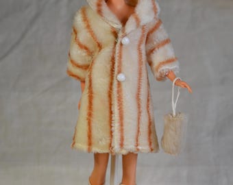 Vintage Barbie Clone Striped Fur Coat Outfit With Hat Muff And High Boots, 60s