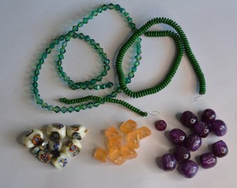 Vintage Glass and Acrylic Bead LOt, Millefiori, Green Purple Multicolor