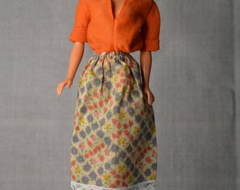 Vintage Barbie Bohemian Floral Skirt and Orange Top, 70s