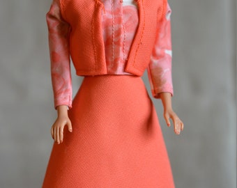 Vintage Barbie Handmade Coral Top and Skirt with Vest, 60s