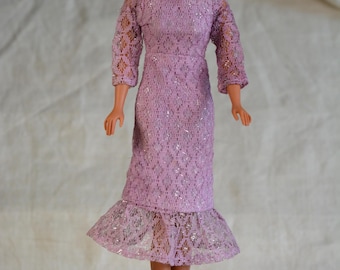 Vintage Francie Clone Dress, Mod Lilac Lace with Silver, Fits Francie, Hong Kong 60s