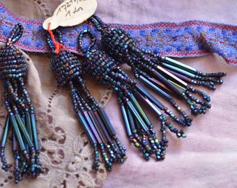 Antique Edwardian 3” Beaded Tassel, One (1), Blue Peacock Iris, 1900-1920; Key Tassel