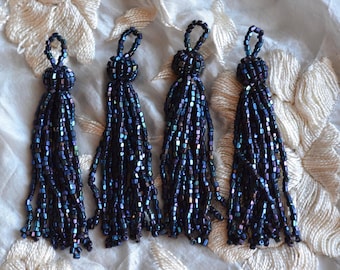 Antique Edwardian 3”  Seed Beaded Tassel, One (1), Blue Peacock Iris, 1900-1920; Key Tassel