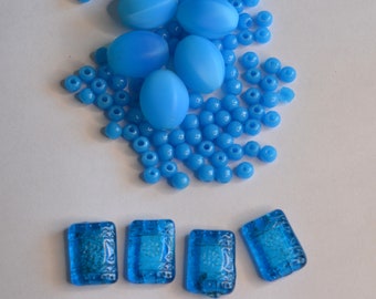 Vintage Teal-Blue Glass Bead Lot, Czech Pressed Glass, Frosted, Small