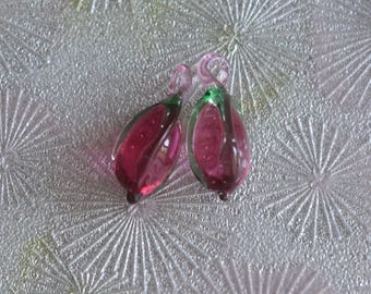 Vintage Lampwork Glass Fruit Dangle Beads, Pink, 24mm, Czech German 1950s
