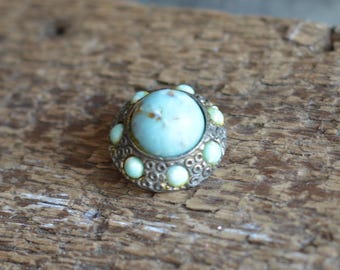 Vintage Mid-Century Metal And Plastic Fancy Button, Turquoise, Shank Coat Button