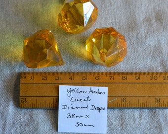 Vintage Acrylic Crystal Faceted Yellow Amber Crystal, Lot of 5, 38mm