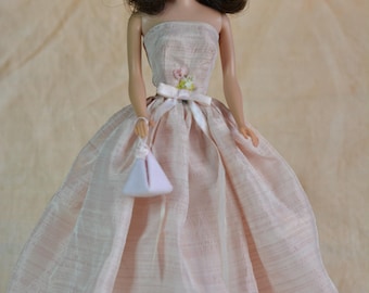 Vintage Barbie Clone Beautiful Pale Pink Silk Look Evening Gown, Purse, 60s
