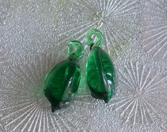 Vintage Lampwork Glass Fruit Dangle Beads, Green, 24mm, Czech German 1950s