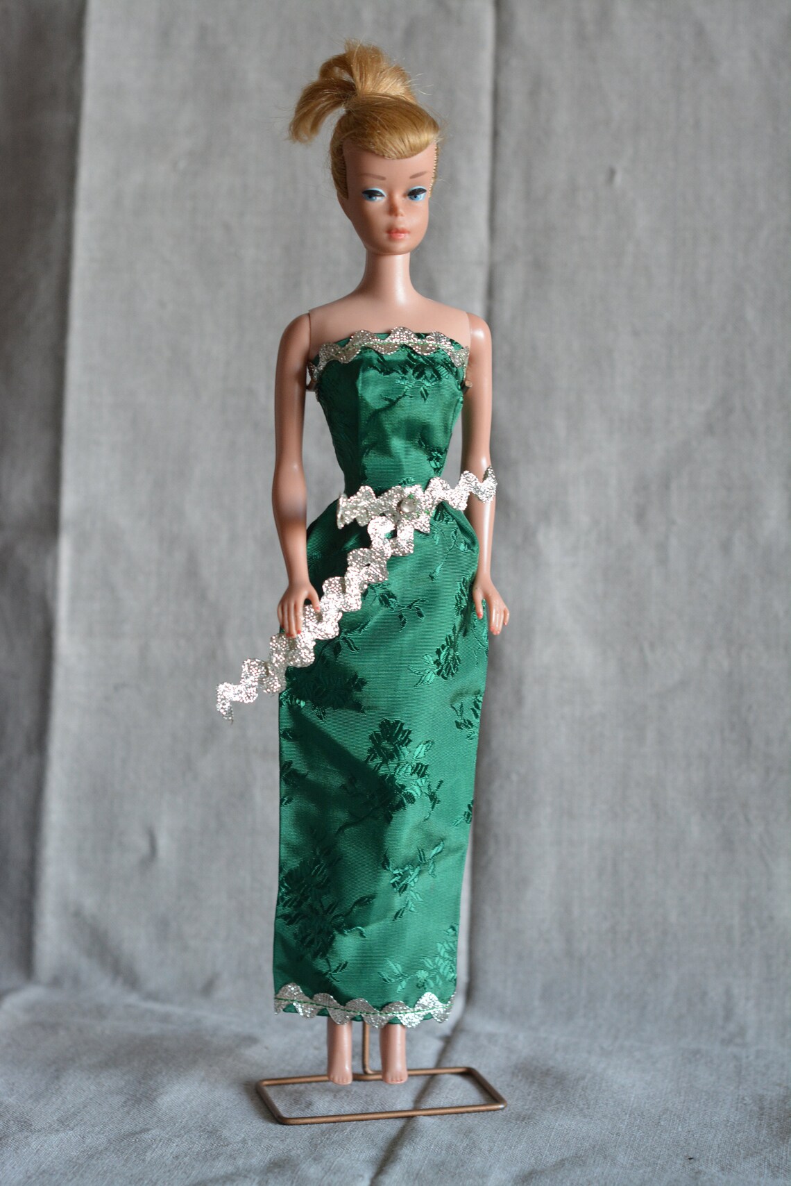 Vintage Barbie Handmade Green Satin Jacquard Dress Silver - Etsy