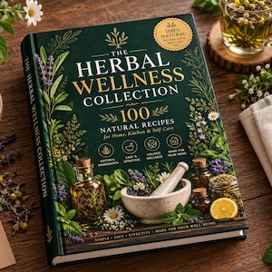 Puede incluir: Un libro de tapa dura titulado The Herbal Wellness Collection con una cubierta verde oscuro que presenta ilustraciones botánicas, un mortero con mano y frascos de vidrio. El texto dice 100 Natural Recipes for Home, Kitchen & Self-Care.