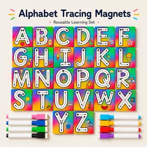 May include: Alphabet tracing magnets with the letters A through Z, each on a colorful square. The letters have dotted lines for tracing, and each square has a small illustration. Includes several colored markers.