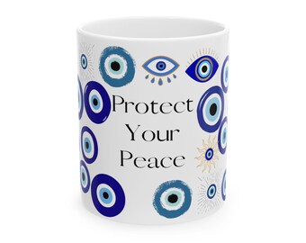 Blaues Evil Eye Keramikbecher: Boho Kaffeetasse, spirituelles Dekor
