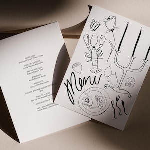 Diseño de menú, plantilla editable, elegante, dibujado a mano, cena, despedida de soltera, boda, A5, plantilla imprimible, descarga instantánea