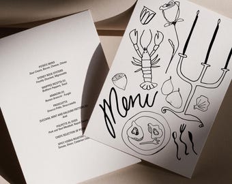 May include: Two white menu cards. One lists dishes like potato skins and oysters. The other has a lobster, rose, and the word "Menu" in cursive. The illustrations are in black ink.