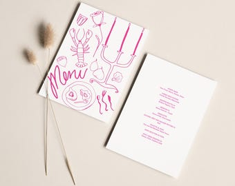 May include: Pink and white menu card with a hand-drawn illustration of a lobster, a candelabra, and other dinnerware. The text "Menu" is written in a cursive font.