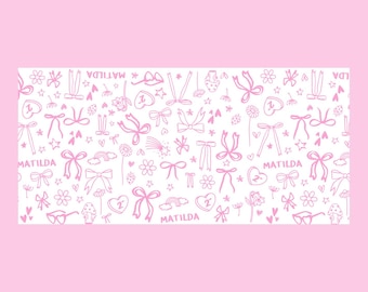 May include: A pink and white pattern featuring bows, stars, hearts, flowers, and the word "MATILDA" repeated throughout.