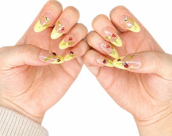 Golden Garden Olive Almond Press On Nails | 3D Floral Fake Nails
