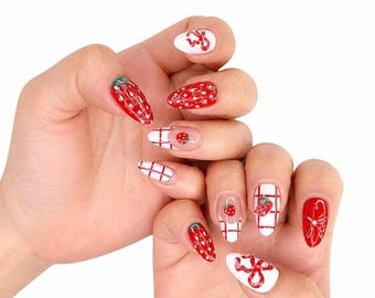 Strawberry Picnic Press On Nails | Red Almond Bow Plaid Summer Fake Nails