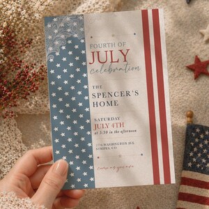 May include: A Fourth of July invitation with a blue star pattern and red stripes. The invitation reads "FOURTH OF JULY Celebration" and includes event details. Decorative stars and a small American flag are also present.