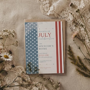 May include: A Fourth of July celebration invitation card with a patriotic design. The card features a blue section with white stars, red and white stripes, and the text "Fourth of July Celebration".