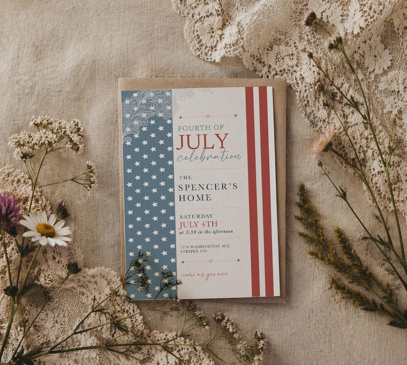 May include: A Fourth of July celebration invitation card with a patriotic design. The card features a blue section with white stars, red and white stripes, and the text "Fourth of July Celebration".