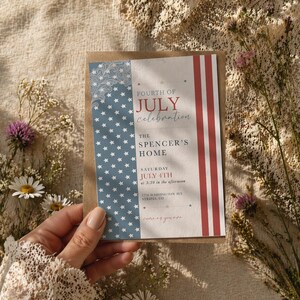 May include: A Fourth of July celebration invitation card. The card features a blue section with white stars and a red and white striped section. The text reads "Fourth of July Celebration" and "The Spencer's Home". The invitation is held by a person.