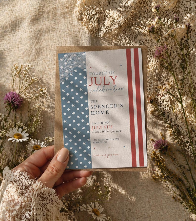 May include: A Fourth of July celebration invitation card. The card features a blue section with white stars and a red and white striped section. The text reads "Fourth of July Celebration" and "The Spencer's Home". The invitation is held by a person.