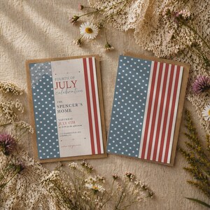 May include: Two Fourth of July celebration invitations with a patriotic design. The invitations feature a blue background with white stars and red and white stripes, with text that reads "Fourth of July Celebration".