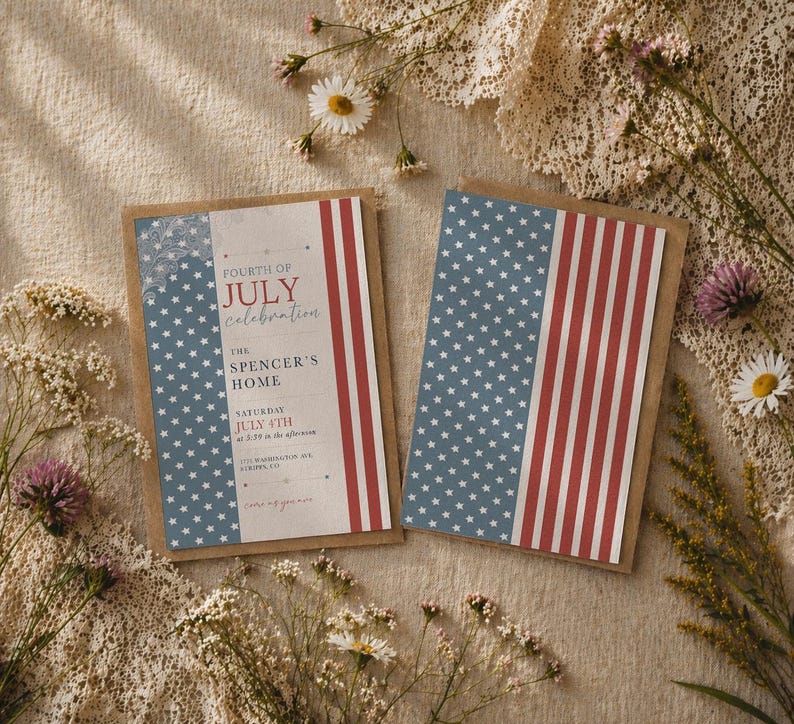 May include: Two Fourth of July celebration invitations with a patriotic design. The invitations feature a blue background with white stars and red and white stripes, with text that reads "Fourth of July Celebration".
