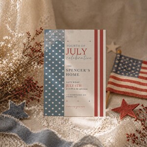 May include: A Fourth of July celebration invitation with a patriotic design. The invitation features a blue background with white stars, red stripes, and the text "FOURTH OF JULY celebration". Includes the time and location.