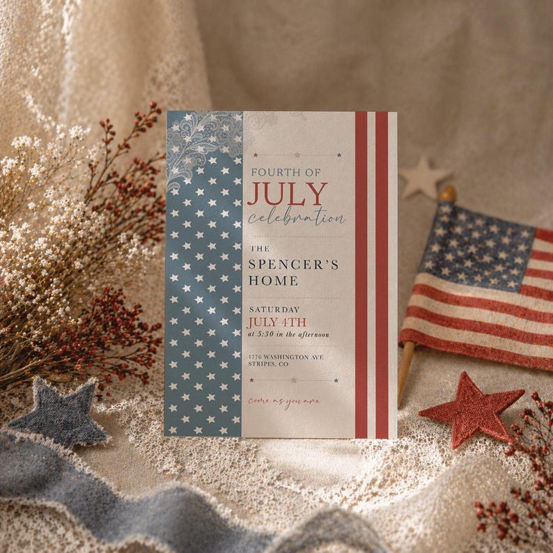 May include: A Fourth of July celebration invitation with a patriotic design. The invitation features a blue background with white stars, red stripes, and the text "FOURTH OF JULY celebration". Includes the time and location.