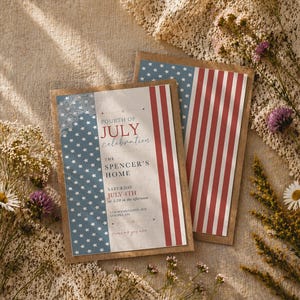 May include: Two Fourth of July celebration invitations with a patriotic theme. One features a blue background with white stars, the other has red and white stripes. The text reads "Fourth of July Celebration" and "The Spencer's Home."