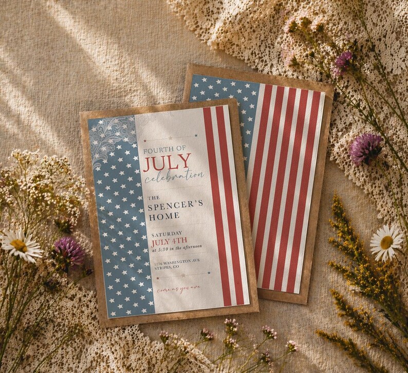 May include: Two Fourth of July celebration invitations with a patriotic theme. One features a blue background with white stars, the other has red and white stripes. The text reads "Fourth of July Celebration" and "The Spencer's Home."