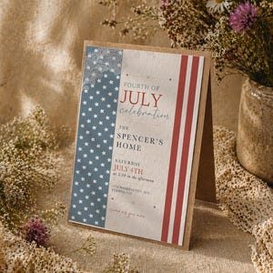 May include: A Fourth of July celebration invitation card. The card features a blue section with white stars, a red and white striped section, and text that reads "Fourth of July Celebration" and "The Spencer's Home."