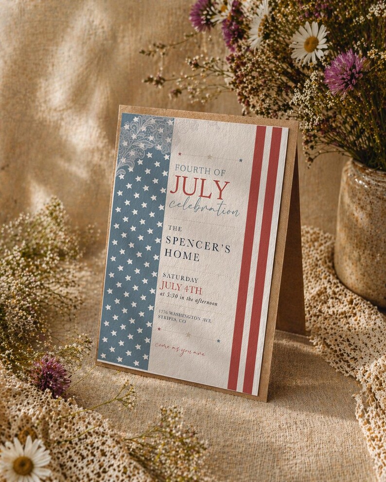 May include: A Fourth of July celebration invitation card. The card features a blue section with white stars, a red and white striped section, and text that reads "Fourth of July Celebration" and "The Spencer's Home."