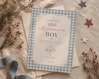 All American Boy First Birthday Invitation, Vintage Americana Gingham Invite (Digital File)