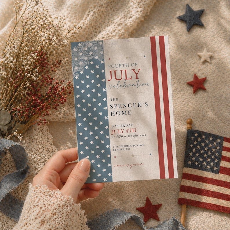 May include: A Fourth of July invitation with a blue star pattern and red stripes. The invitation reads "FOURTH OF JULY Celebration" and includes event details. Decorative stars and a small American flag are also present.