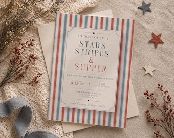 Fourth of July Cookout Invitation, Stars Stripes Supper, Vintage BBQ Invite (Digital Download)